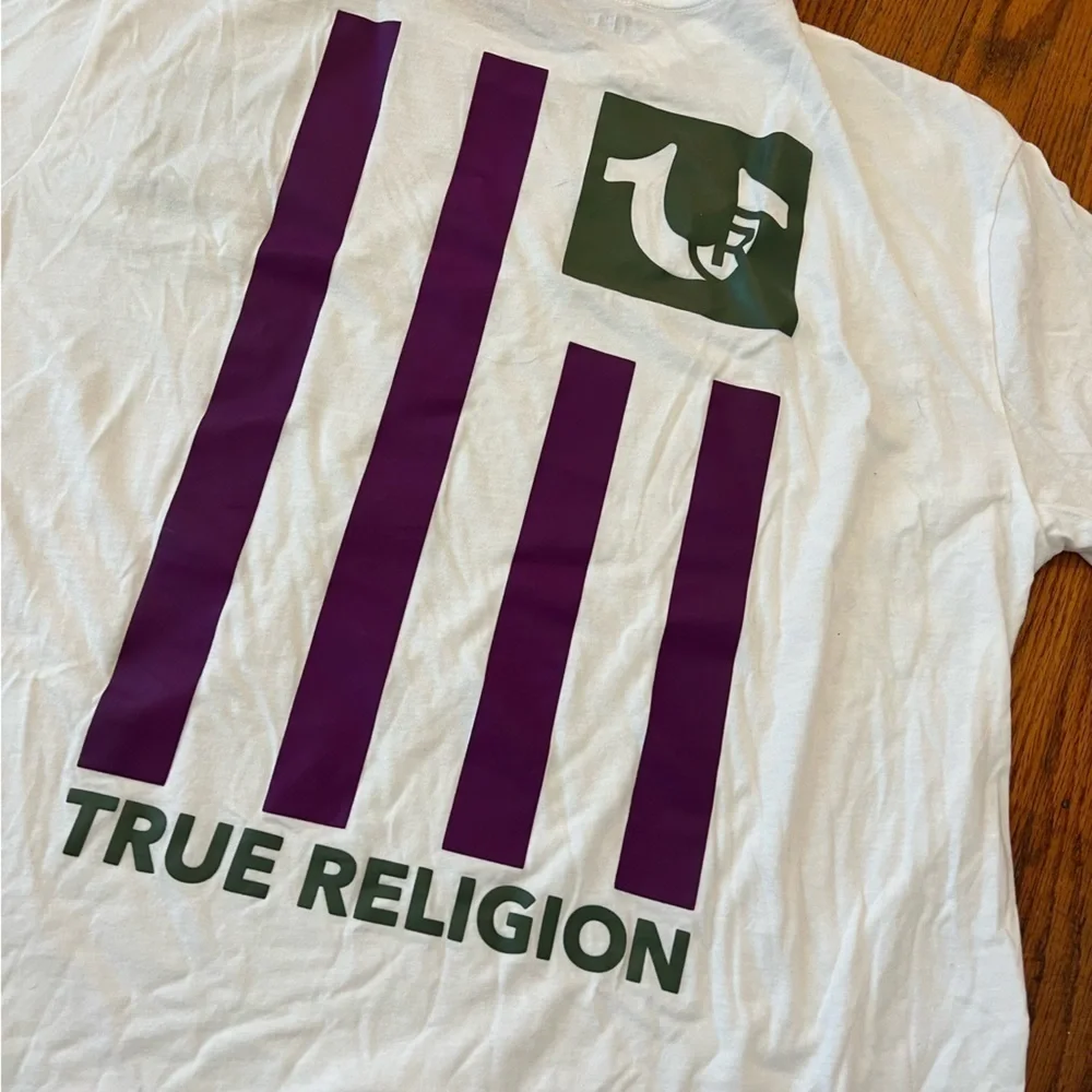True Religion Graphic Logo TShirt Flag in Purple and Green 3XL